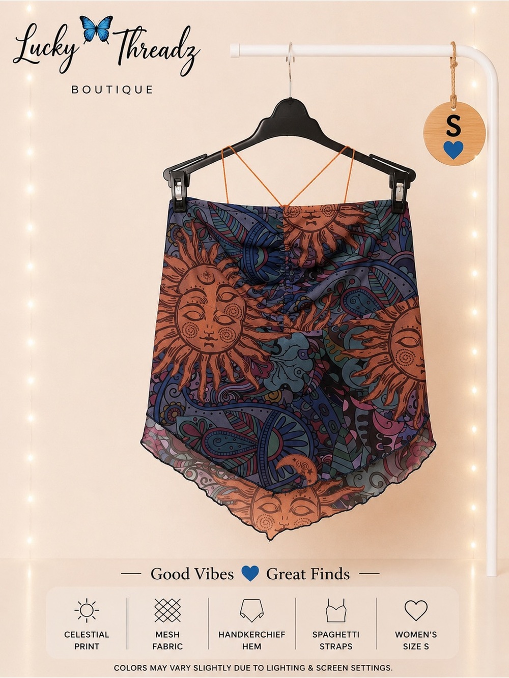 NWT ROMWE Whimsigoth Celestial Sun Mesh Handkerchief Cami Top S